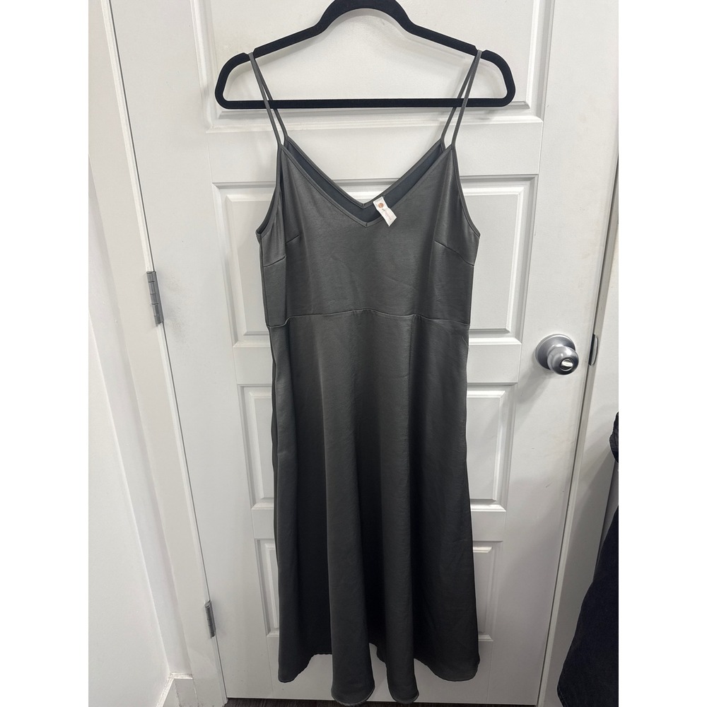 Daily Practice Anthropologie Grey Satin V-Neck Midi Slip Dress Small Womens